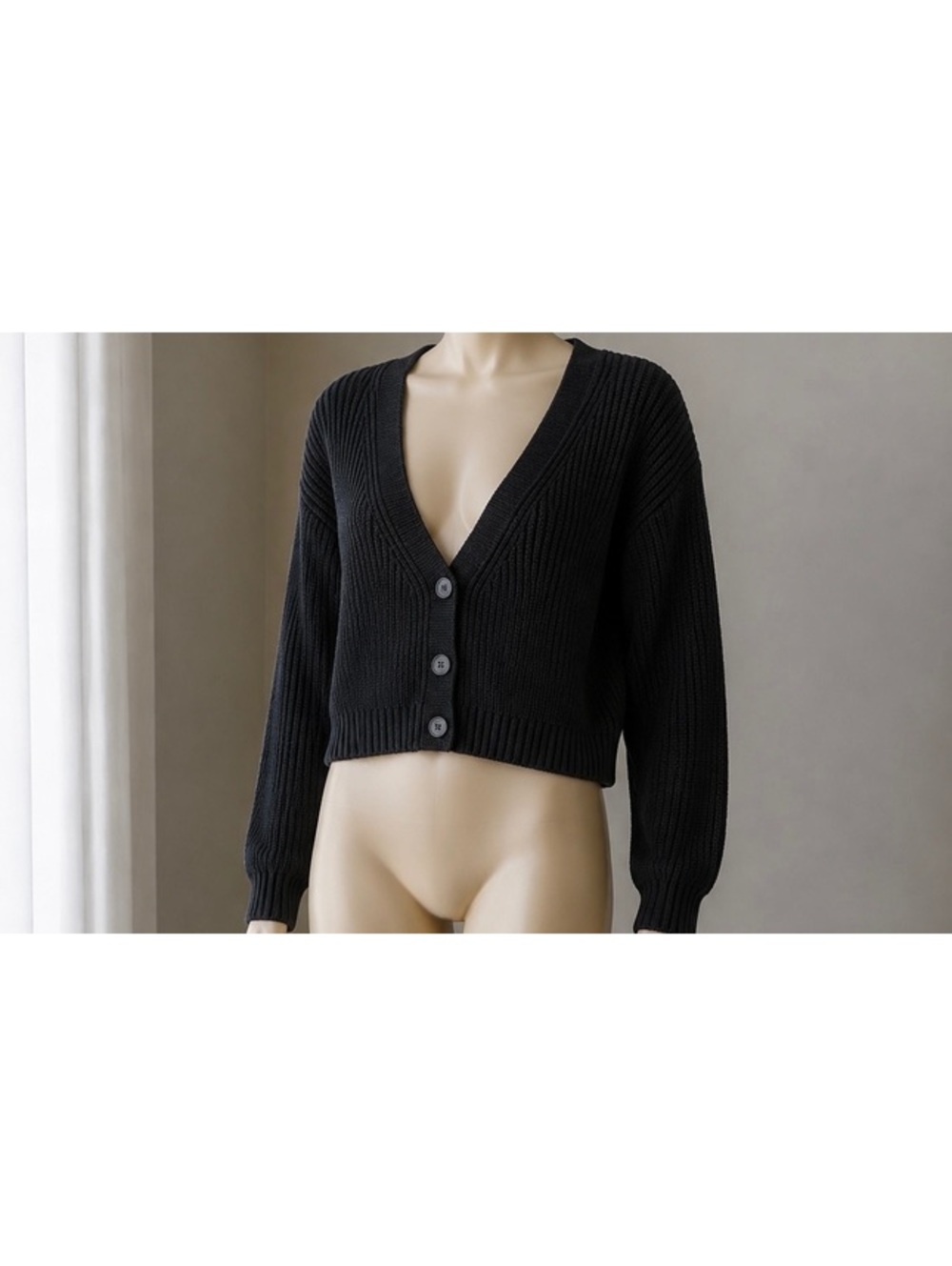 The Drop Women’s M Black Chunky Knit Cropped Cardigan Oversized Button Front